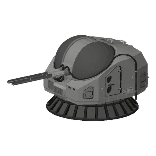 3D модель современной артиллерийской установки ВМФ с двумя стволами и большим куполом датчиков на белом фоне.