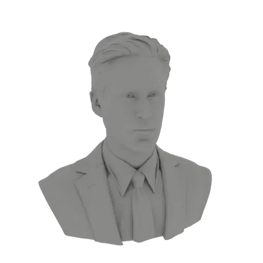 Рендер 3D модели бюста мужчины в костюме и галстуке, в нейтральном сером цвете.