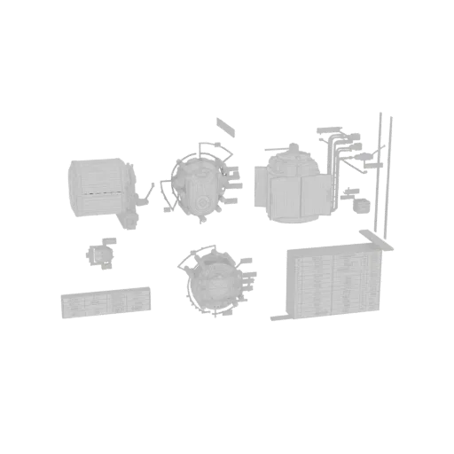 Коллекция 3D-моделей, изображающих различные промышленные компоненты, включая двигатели, насосы и панели управления, представ