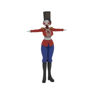 3D модель игрушечного солдатика в красной форме, синих брюках, черных сапогах и белой маске, стоящего в T-позе.