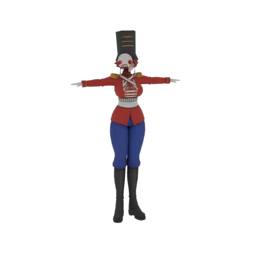 3D модель игрушечного солдатика в красной форме, синих брюках, черных сапогах и белой маске, стоящего в T-позе.