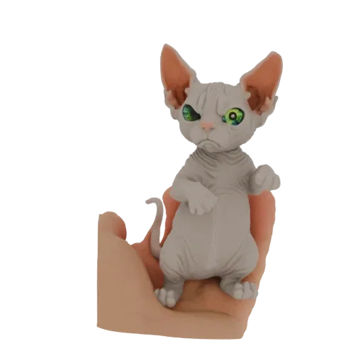3D модель фигурки кошки сфинкс с большими ушами и зелеными глазами, в руке человека.