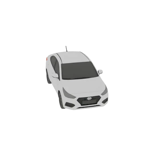 3D-модель белого седана Hyundai Solaris 2020 года, вид с немного приподнятого передне-правого угла на белом фоне.