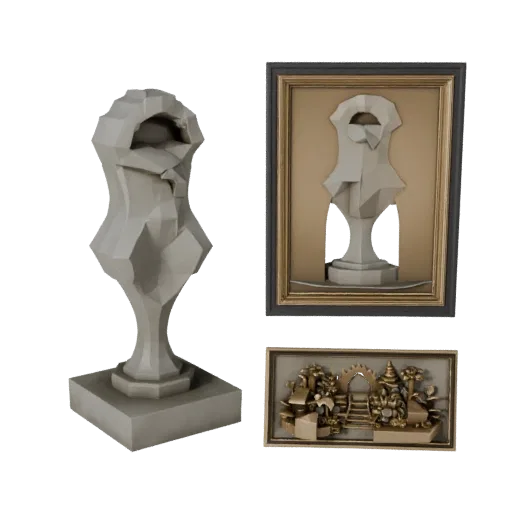 Предварительный просмотр низкополигональной 3D-модели абстрактной садовой скульптуры, показывающий силуэт, вид с трех четверт