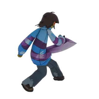 3D модель Фриск из Undertale бежит с ножом, одета в сине-фиолетовую полосатую кофту.