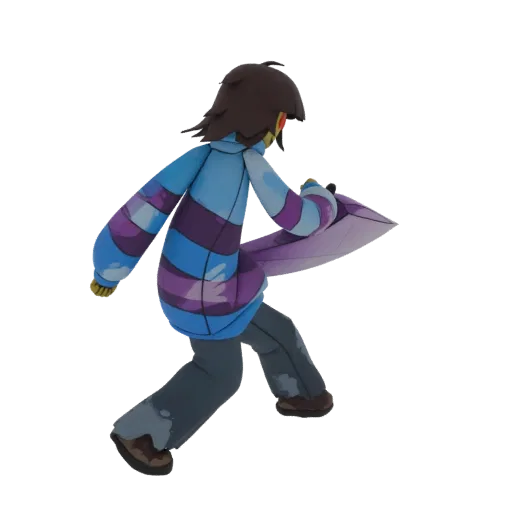 3D модель Фриск из Undertale бежит с ножом, одета в сине-фиолетовую полосатую кофту.