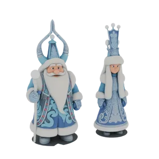 3D model of Father Frost and Snow Maiden, two stylized Russian winter folklore characters in blue and white costumes, standin