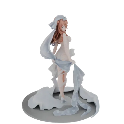3D модель элегантной фигурки невесты в развевающемся белом платье и нежном шлейфе с синими акцентами, в изящной позе на кругл