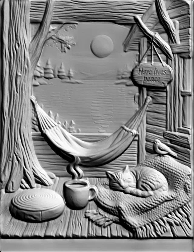 3D модель барельефа "Уютный вечер у камина" с спящей кошкой, чашкой кофе и гамаком