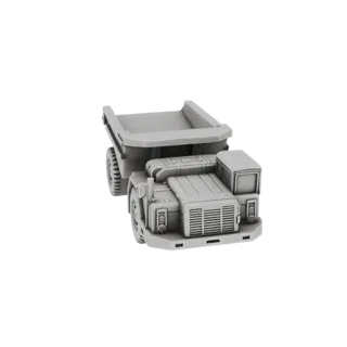 Рендер 3D модели серого тяжелого карьерного самосвала с большими шинами и выраженным кузовом на черном фоне.