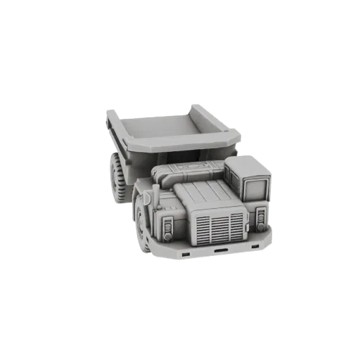 Рендер 3D модели серого тяжелого карьерного самосвала с большими шинами и выраженным кузовом на черном фоне.