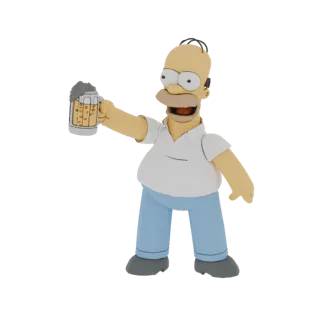 3D модель Гомера Симпсона из Симпсонов, улыбающегося и поднимающего пенную пивную кружку в тост.