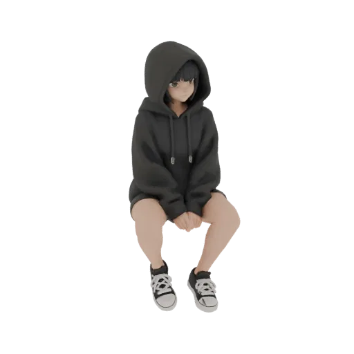 3D модель аниме девушки с короткими черными волосами в черном худи, сидящей со сложенными руками.