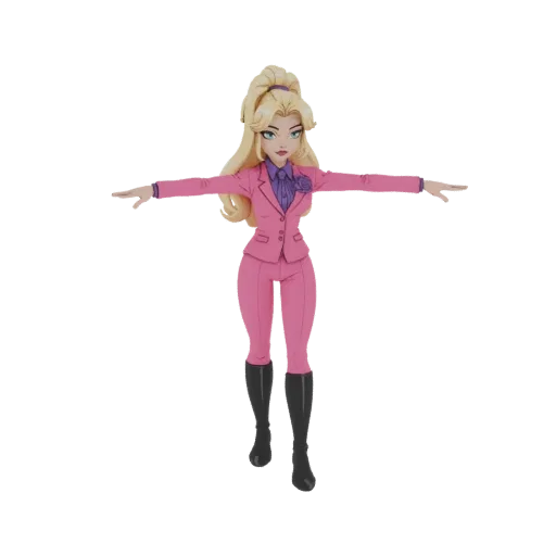 3D модель женщины со светлыми волосами в розовом деловом костюме и фиолетовой блузке, стоящей с раскинутыми руками.