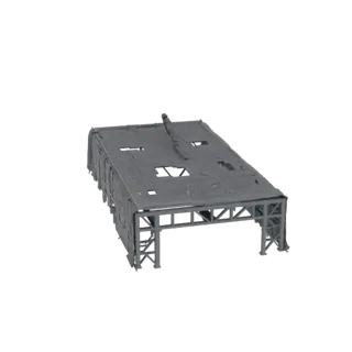3D модель серого промышленного защитного сооружения с каркасным наложением, стальным экзоскелетом и свисающим тросовым сетчат