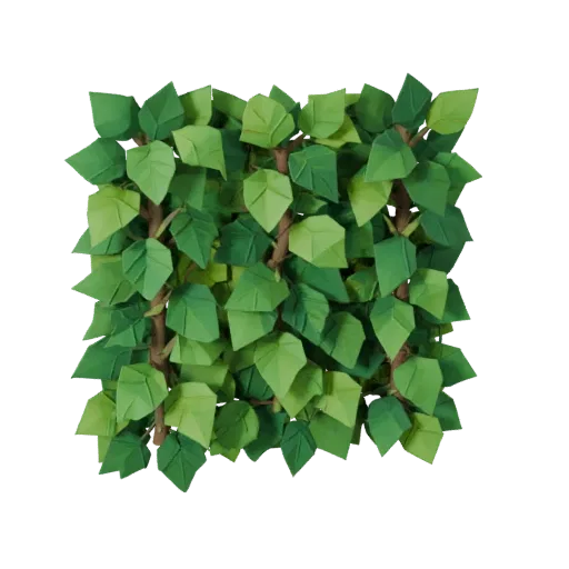 Низкополигональная 3D модель стены из джунглевых лиан, вид игрового вьюпорта в три четверти, показывающий скопления листьев,