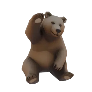 3D-рендер стилизованного бурого медведя, сидящего и машущего правой лапой, на белом фоне.