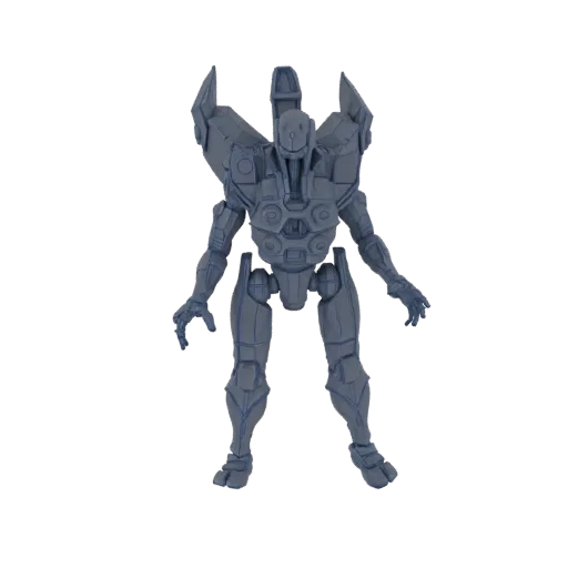 Детализированная 3D модель футуристического меха воина, стоящего в нейтральной позе на белом фоне.
