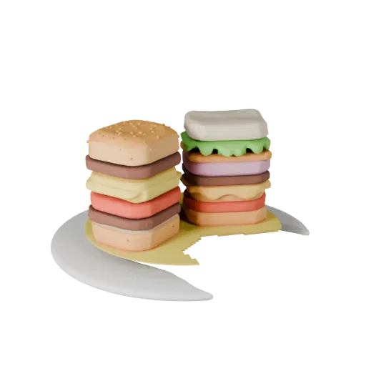 Печатаемая 3D-модель бургера из стритфуда, изометрический STL-рендер, показывающий соусы, композиция на тарелке.