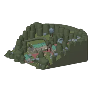 3D модель закрытой фэнтезийной деревни с замком, особняками и окружающим лесом, выполненная в стилизованной, привлекательной