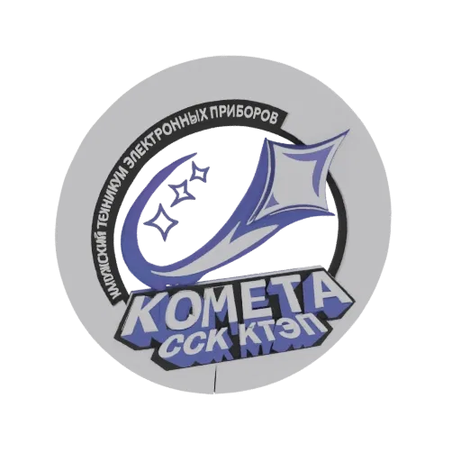 3D рендер эмблемы Комета: синяя комета, звезды, кириллица на круге.