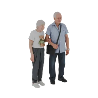 3D модель пожилой пары, идущей под руку, женщина держит плюшевого мишку.