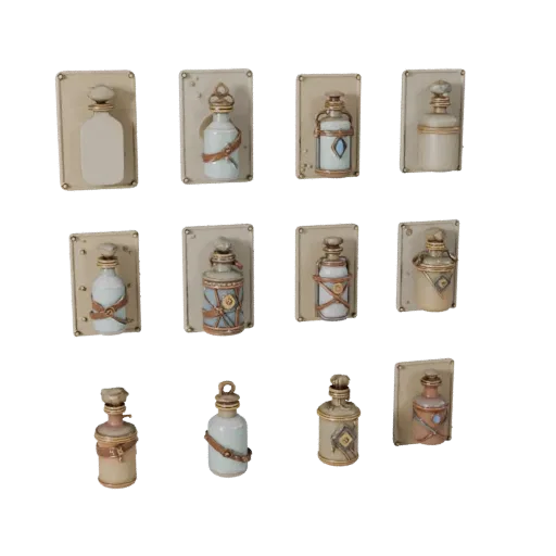 Модульная 3D-модель группы фэнтезийных бутылок, изометрический вид модульного набора, показывающий бумажные карточки, мелкие
