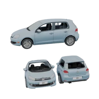 3D модель голубого Volkswagen Golf MK6 хэтчбек, показанная под разными углами.