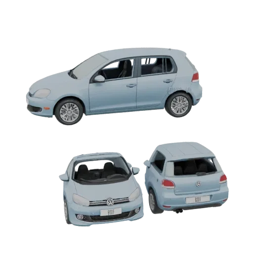 3D модель голубого Volkswagen Golf MK6 хэтчбек, показанная под разными углами.