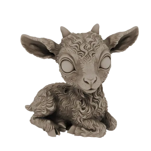 3D модель милого козленка сидит, с большими глазами и текстурой кудрявой шерсти, отрендерена в нейтральном материале под каме