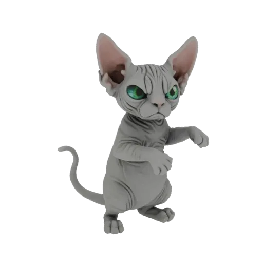 3D модель серого сфинкса с большими ушами и зелеными глазами, в игривой, настороженной позе.