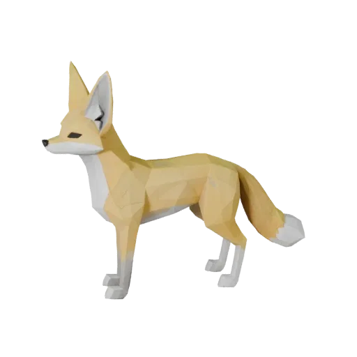 Низкополигональная 3D-модель фенека, вид сбоку в игровом ракурсе, низкополигональная модель животного с плоскостями морды, по