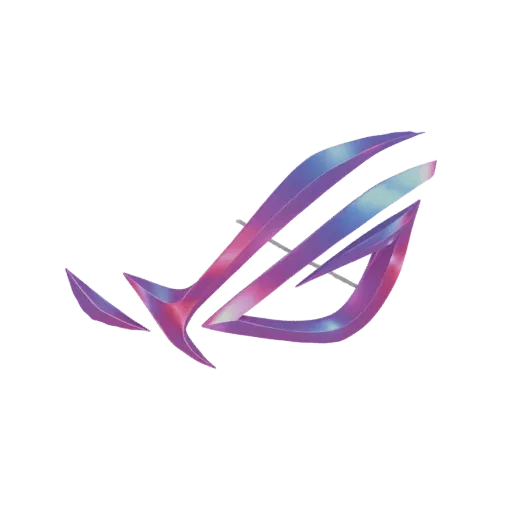 3D модель логотипа ASUS ROG с ярким переливающимся покрытием, демонстрирующая оттенки розового, фиолетового и синего.