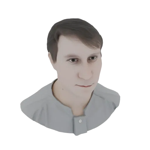 3D-рендер головы и плеч молодого человека, слегка повернутого вправо, в серой рубашке.