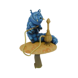 3D модель синей Гусеницы из Алисы в Стране Чудес, сидящей на грибе и курящей кальян.