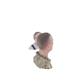 3D модель двух мужчин, один в военной куртке с камуфляжем, другой в полосатой рубашке, вид сбоку.