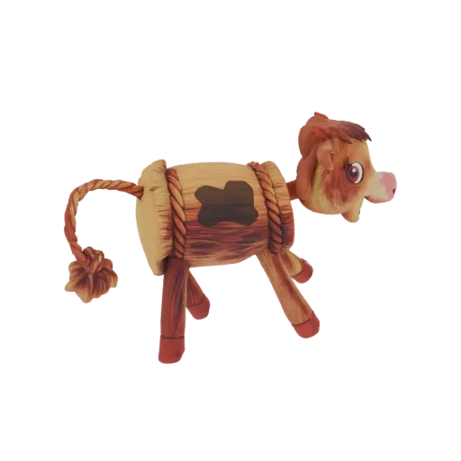 3D рендер деревянной игрушечной коровы с туловищем-бочкой, веревочными акцентами и плетеным хвостом на белом фоне.