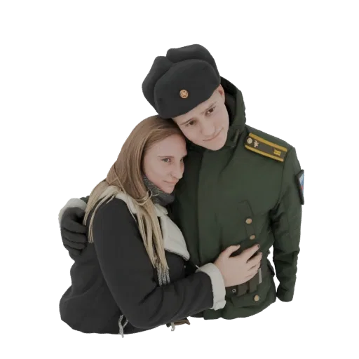 3D модель пары в объятиях, мужчина в зимней военной форме, женщина в теплом пальто.