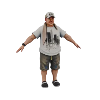 3D модель мужчины в кепке, футболке с принтом, шортах и с полотенцем на шее, в T-позе.