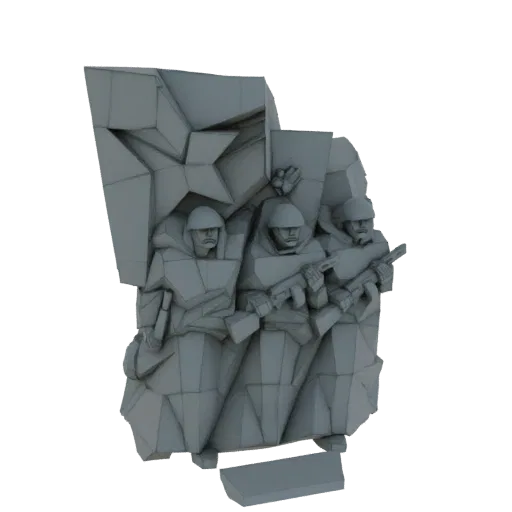 3D модель памятника, изображающая трех советских солдат с винтовками и большой звездой, в низкополигональном стиле.
