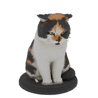 3D модель сварливого калико кота, сидящего на темной круглой подставке, с пятнами черной, оранжевой и белой шерсти и недоволь