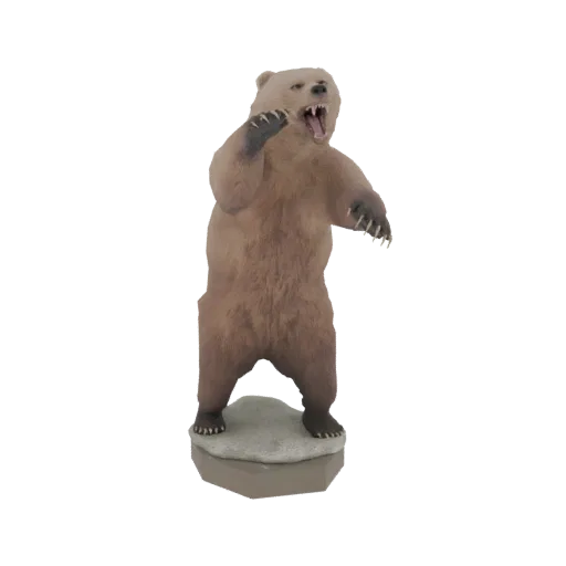 3D модель медведя гризли, стоящего на камне, рычащего с открытым ртом и вытянутыми когтями.