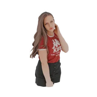 3D модель девушки с длинными каштановыми волосами, в красной футболке Kappa и черной юбке, смотрящей через плечо, с рукой в в