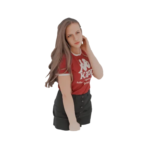3D модель девушки с длинными каштановыми волосами, в красной футболке Kappa и черной юбке, смотрящей через плечо, с рукой в в