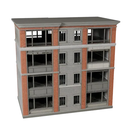 Жилой фасад, печатная STL 3D модель, изометрический вид, показывающий материалы фасада здания и архитектурные детали