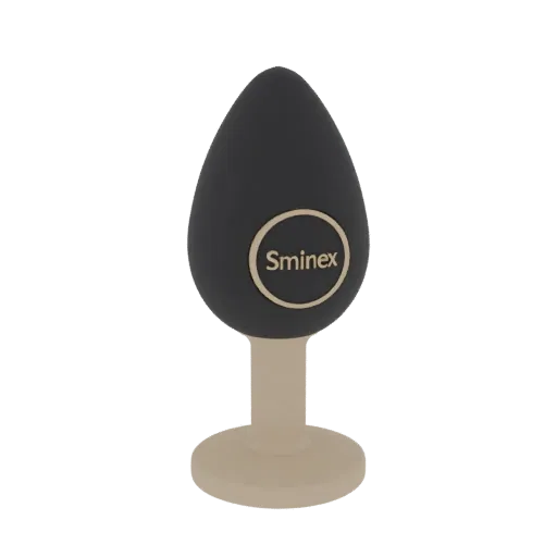 3D модель черного фаллоимитатора Sminex с золотой эмблемой, представленная на нейтральном фоне.