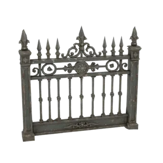 3D модель изящного секционного забора из кованого железа с навершиями в виде лилий и декоративными завитками, отрисованная на