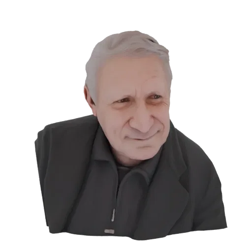 Рендер 3D модели бюста пожилого мужчины, с седыми волосами, морщинами и мягкой улыбкой, в темной куртке.