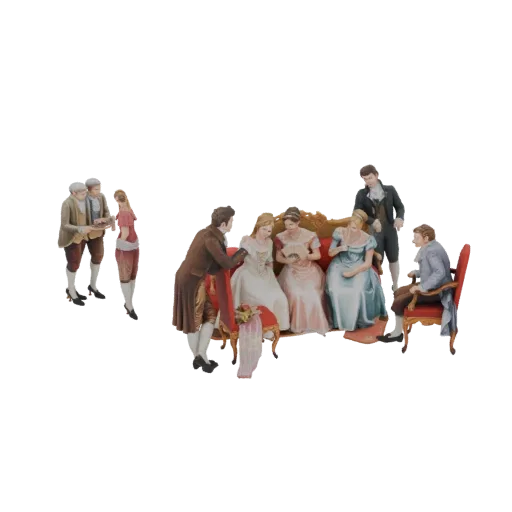 3D модель сцены салона эпохи Регентства с элегантно одетыми персонажами, собравшимися вокруг дивана и кресел.