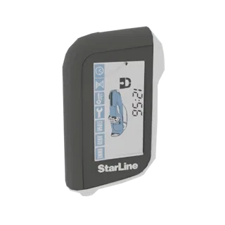 3D модель брелока автосигнализации StarLine A93 Eco с цифровым дисплеем, показывающим значок автомобиля и время.